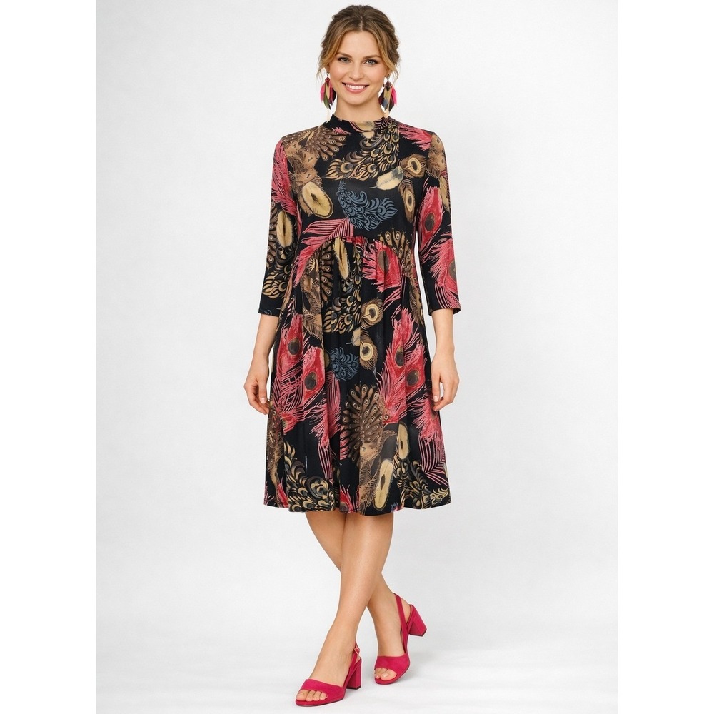 Limes C Peacock Feather Print‎ Dress Womens Small Black Pink Empire Waist Artsy